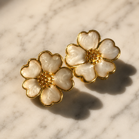 Vervit Floral Stud Earrings for Women – White & Gold Finish, Pair of 2