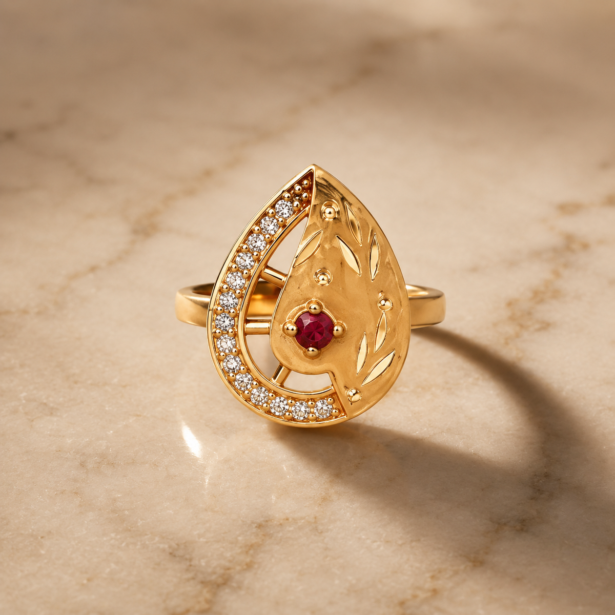 Golden Teardrop Ruby Statement Ring