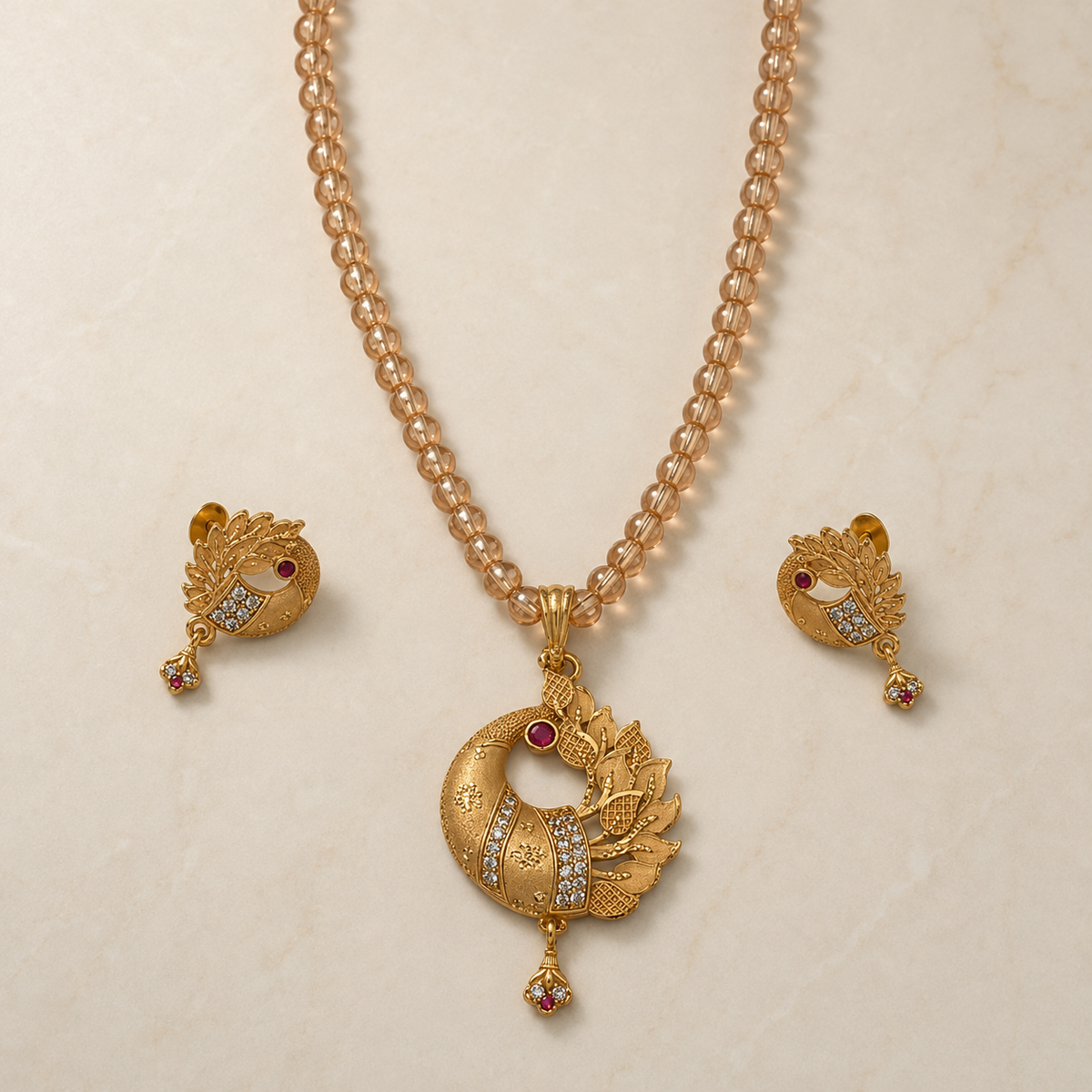 Golden Leaf Crescent Pendant Set with Matching Earrings