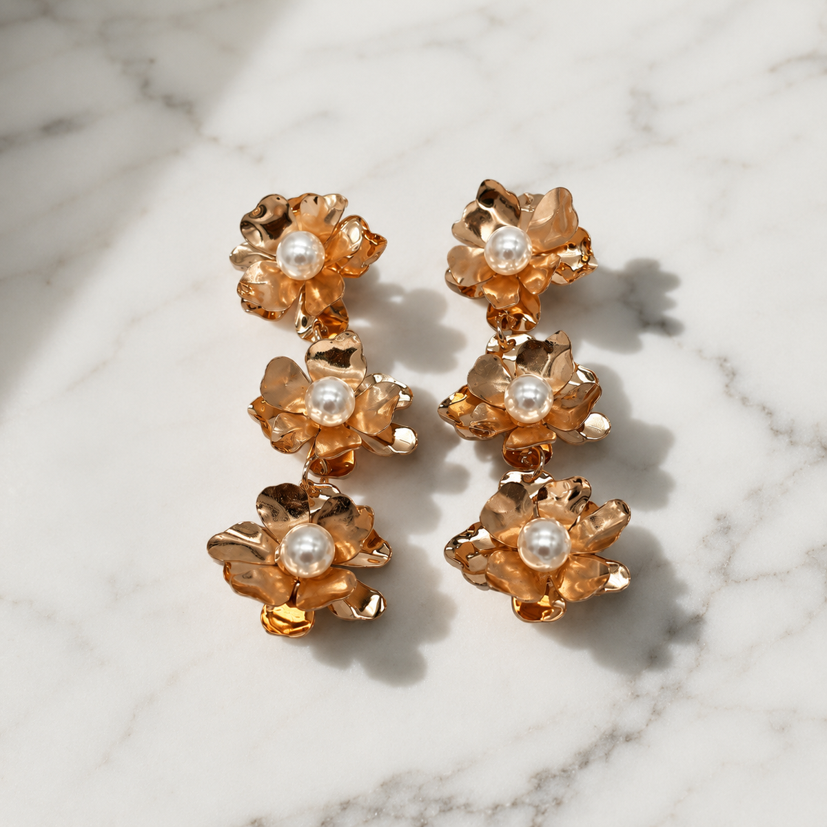 Rose Gold Floral Pearl Drop Earrings