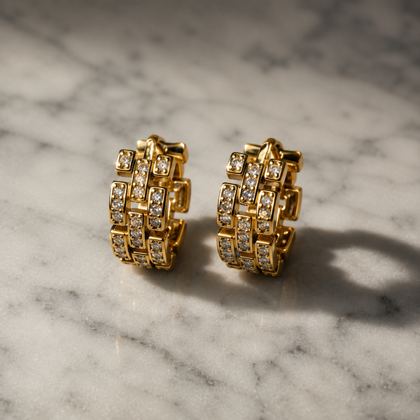 Vervit Gold-Tone Hoop Earrings for Women – Link Pattern Stone Detail, Pair of 2