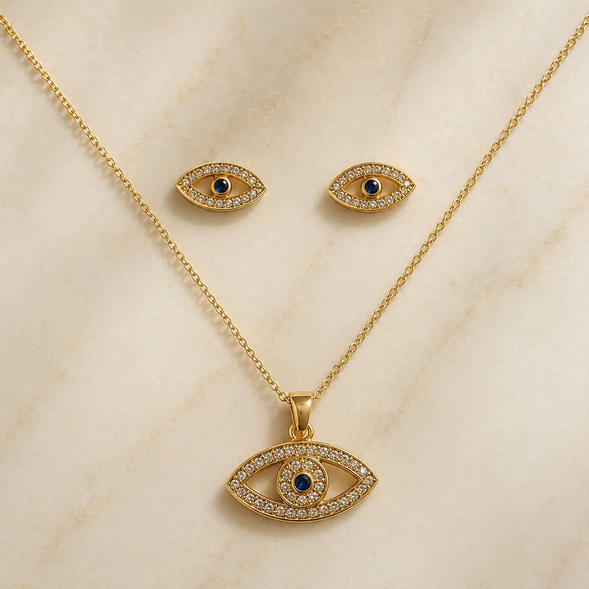 Vervit Gold-Tone Eye Motif Necklace Set for Women – Pendant with Earrings