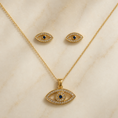 Vervit Gold-Tone Eye Motif Necklace Set for Women – Pendant with Earrings