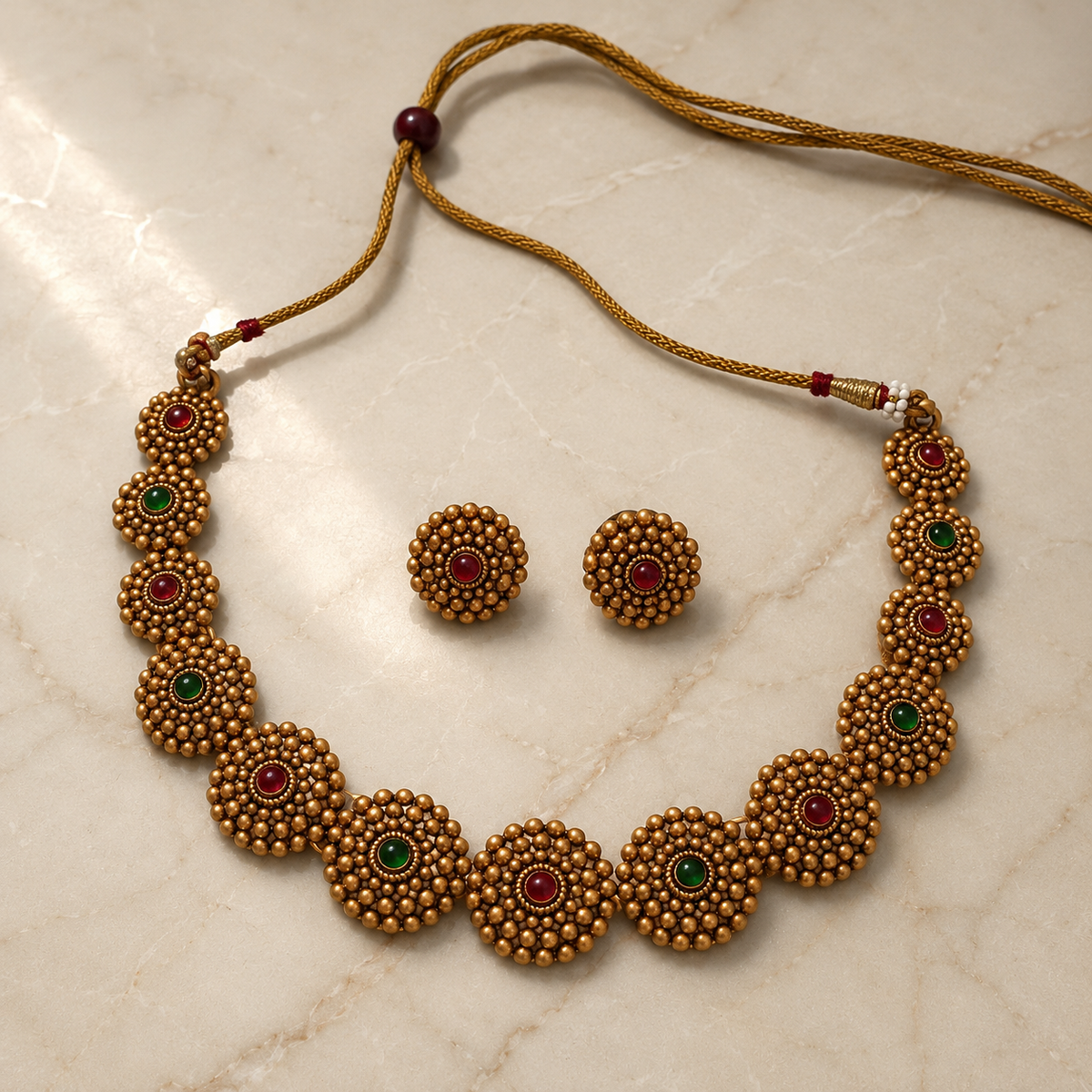 Antique Beaded Necklace Set with Matching Stud Earrings