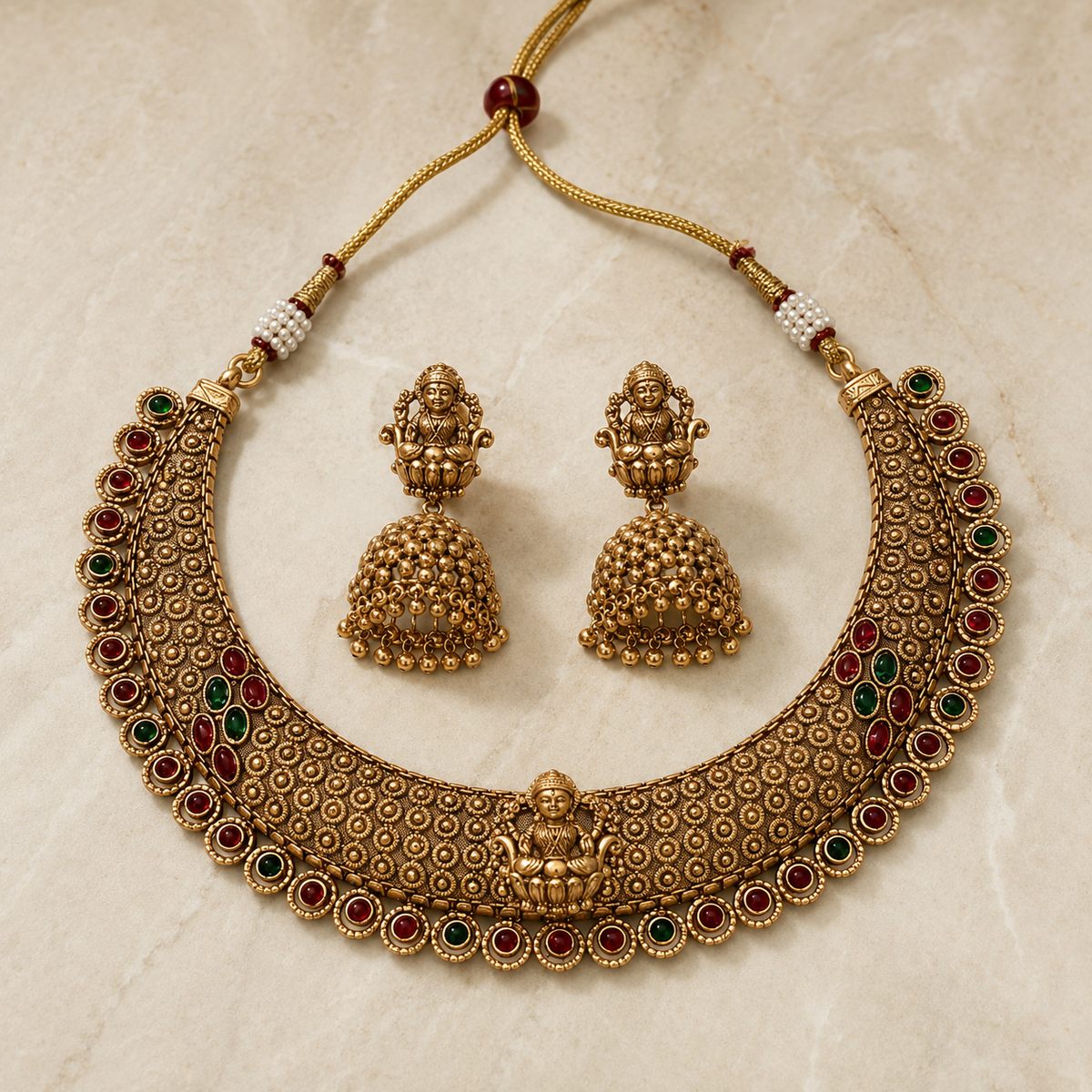 Antique Lakshmi Temple Choker Set with Jhumka Earrings