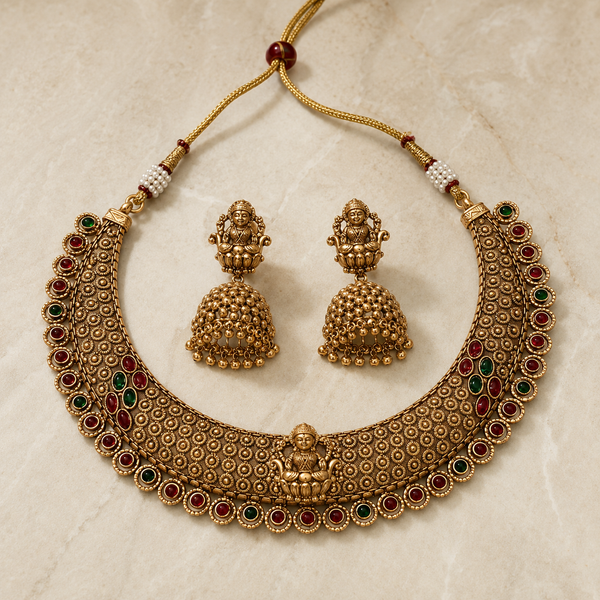 Antique Lakshmi Temple Choker Set with Jhumka Earrings