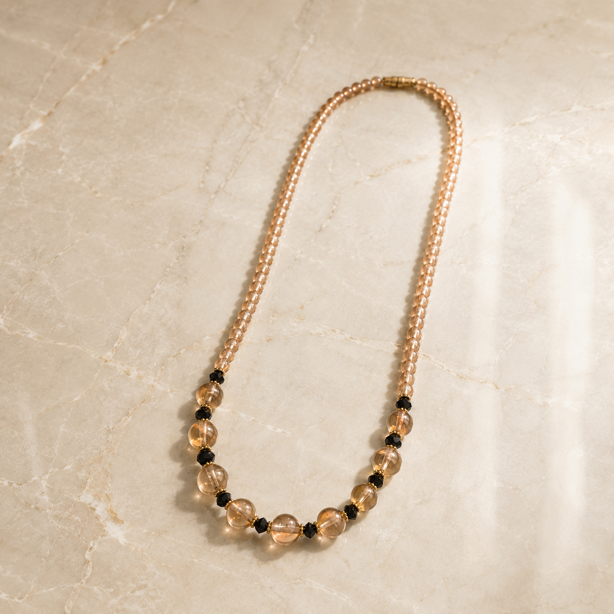 Champagne Beaded Necklace with Black Accent Details