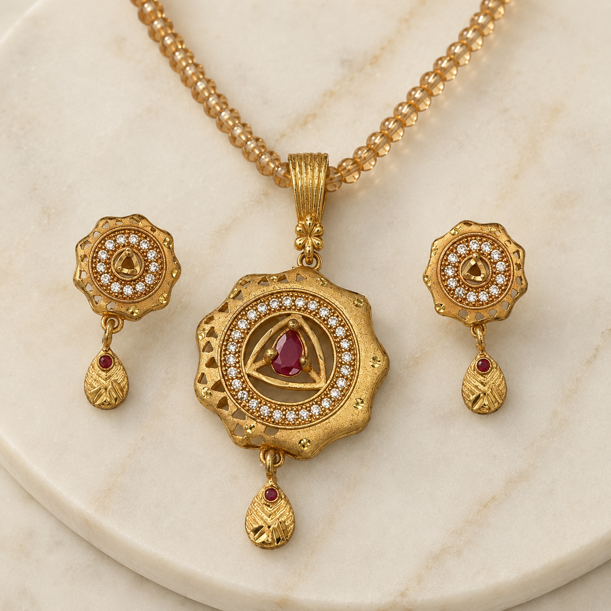 Royal Ruby Mandala Pendant Set with Matching Earrings