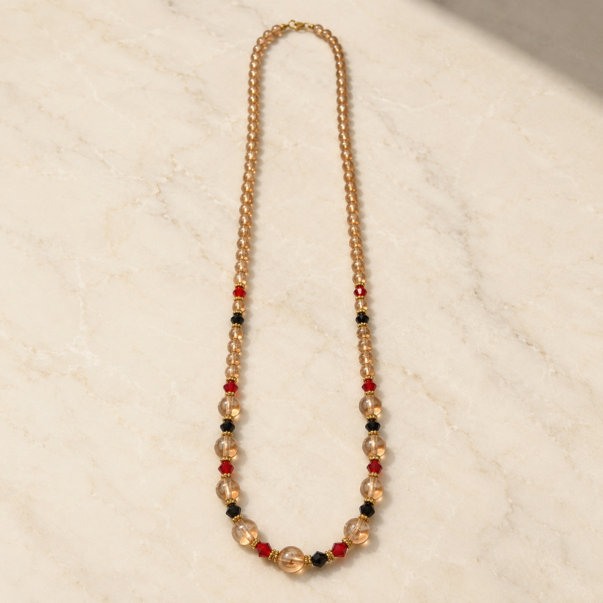 Champagne Beaded Necklace with Red & Black Accents