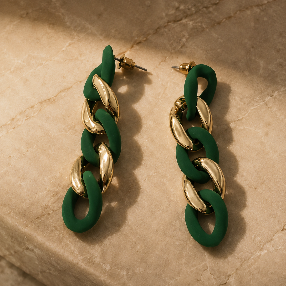 Vervit Emerald Chain Gold-Tone Green Drop Earrings