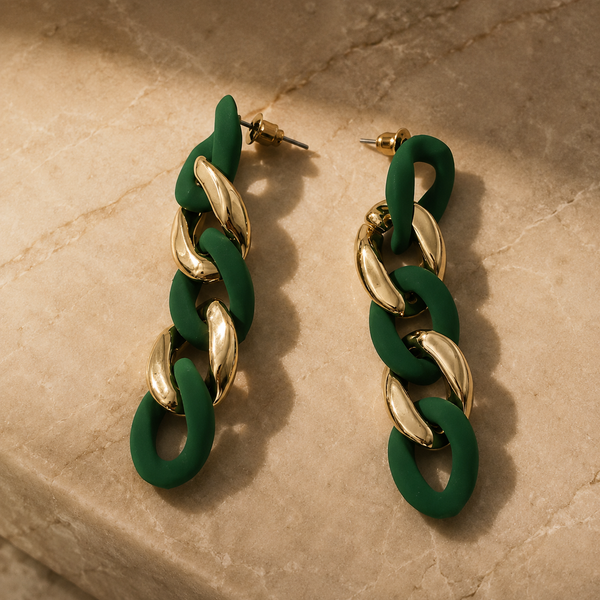 Vervit Emerald Chain Gold-Tone Green Drop Earrings