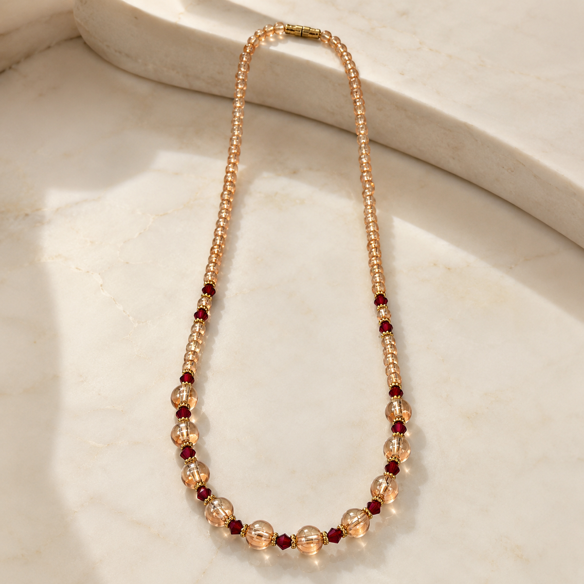Champagne Beaded Necklace with Ruby Red Accents