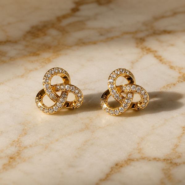 Vervit Gold-Tone Interlock Stud Earrings for Women – Clear Stone Detail, Pair of 2