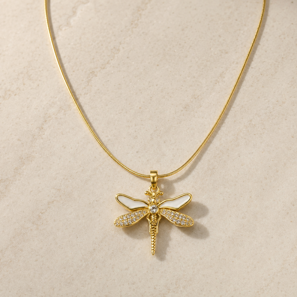 Vervit Gold-Tone Dragonfly Pendant Necklace for Women – Stone Detail Design