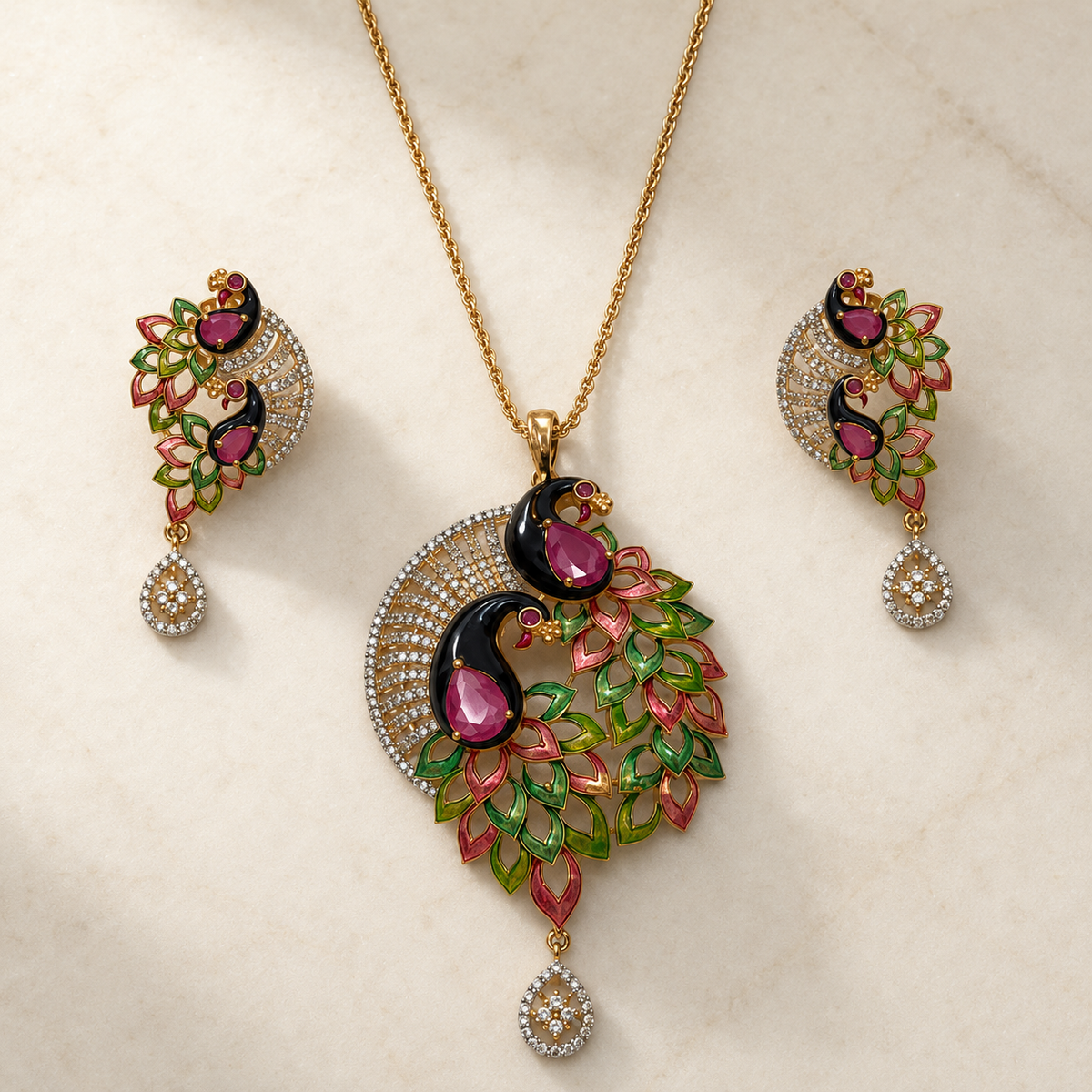 Peacock Bloom Pendant Set with Matching Earrings