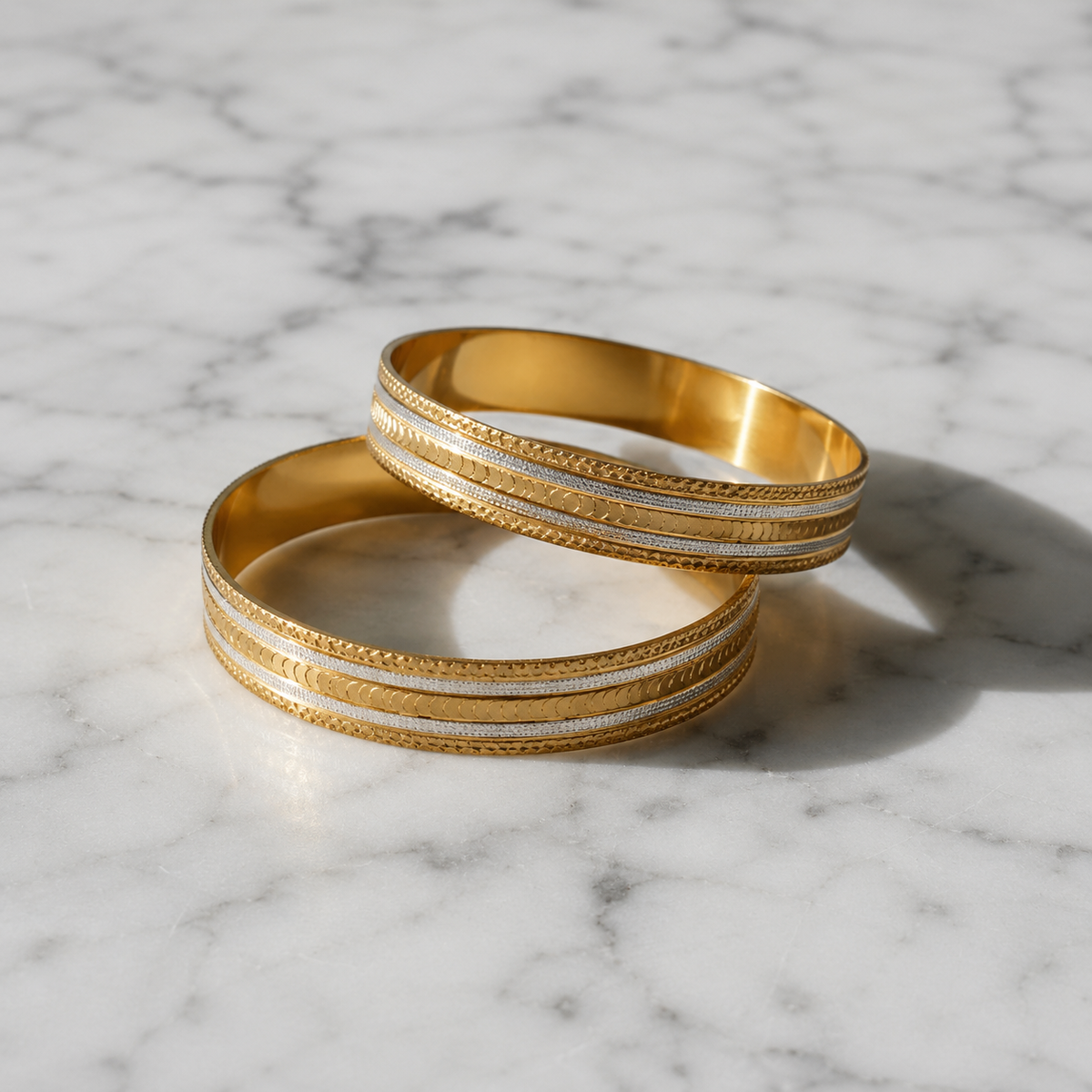 VERVIT Gold Plated Two-Tone Textured Bangle Set for Women
