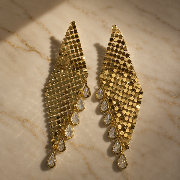 Vervit Gold-Tone Long Drop Earrings for Women – Teardrop Detail, Pair of 2