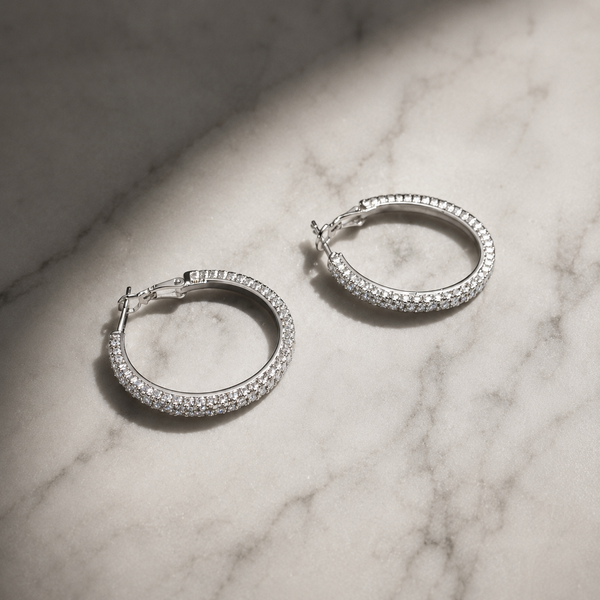 Vervit Silver-Tone Hoop Earrings for Women – Clear Stone Detail, Pair of 2