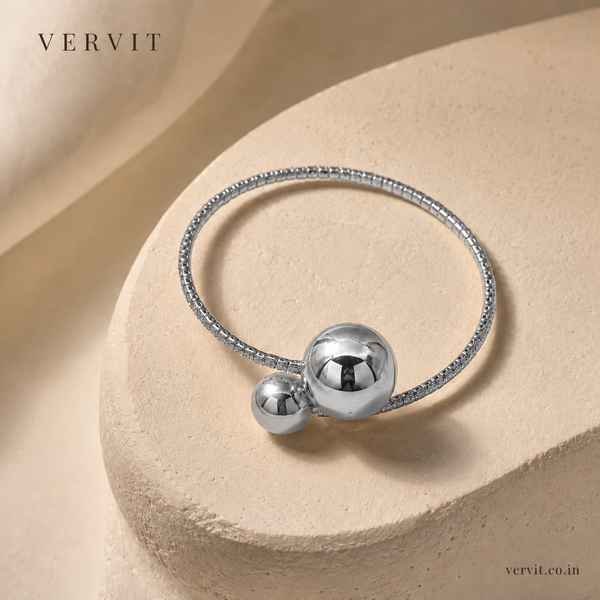Vervit Silver Dual Sphere Open Bangle for Women – Anti-Tarnish 316L Stainless Steel