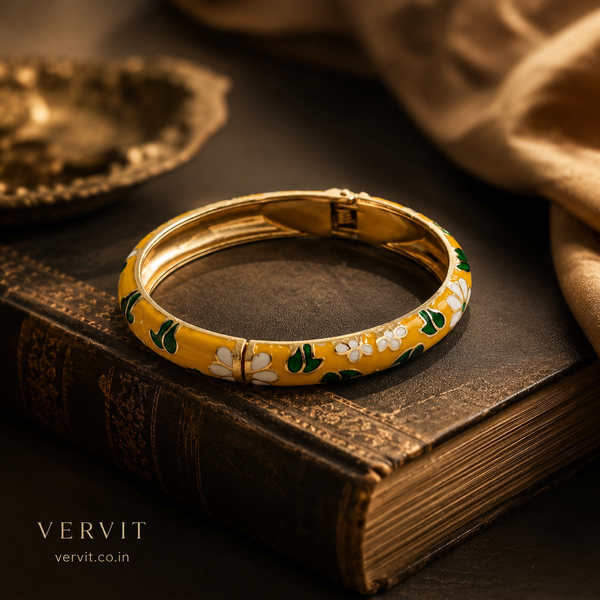 Vervit Yellow Floral Enamel Bangle for Women – 18K Gold Plated 316L Stainless Steel