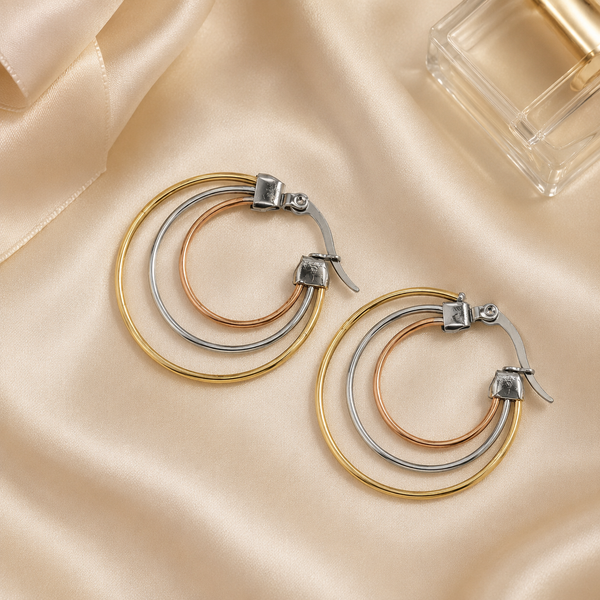 Vervit Triple-Tone Layered Hoop Earrings for Women – 316L Stainless Steel with 18K Gold-Plated PVD Finish