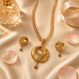 Golden Leaf Crescent Pendant Set with Matching Earrings