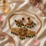 Antique Lakshmi Peacock Necklace Set with Matching Earrings