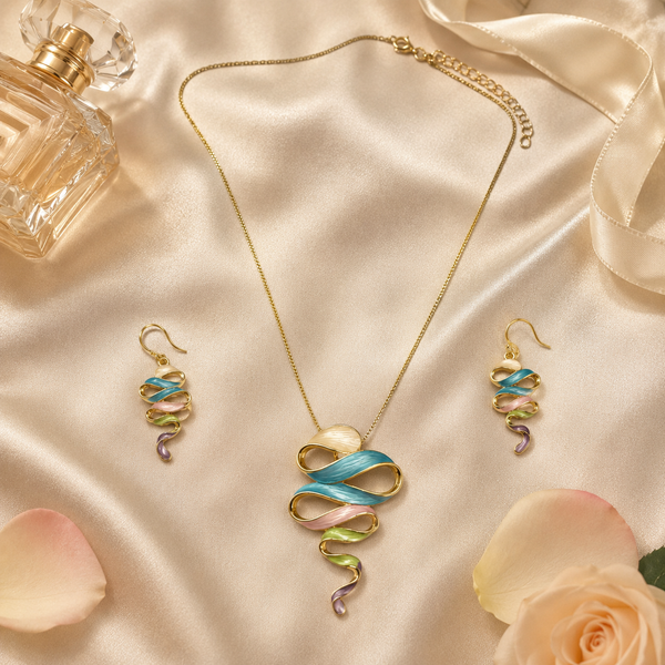 Vervit Abstract Ribbon Necklace Set for Festive Wear – Gold Finish, Necklace with Earrings