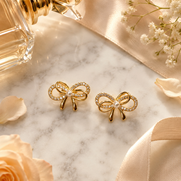 Vervit Gold-Tone Bow Stud Earrings for Women – Pearl-Centre Detail, Pair of 2