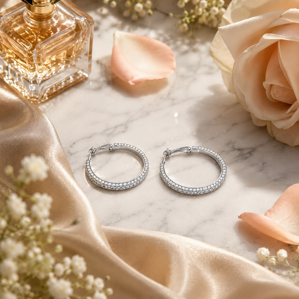 Vervit Silver-Tone Hoop Earrings for Women – Clear Stone Detail, Pair of 2