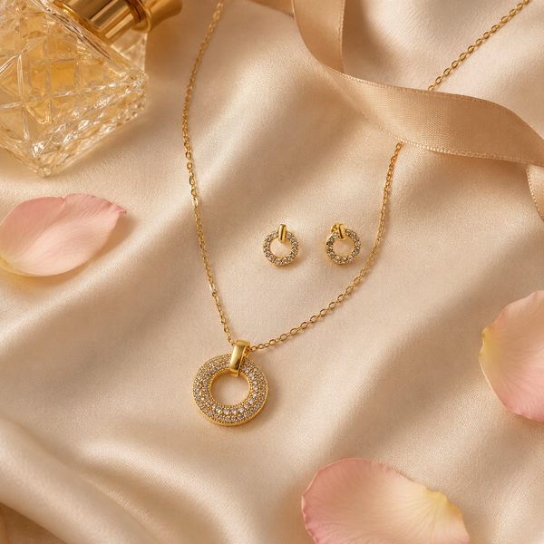 Vervit Gold-Tone Circle Necklace Set for Women – Pendant with Earrings