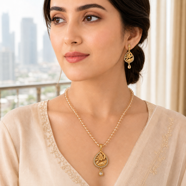 Golden Floral Teardrop Pendant Set with Matching Earrings