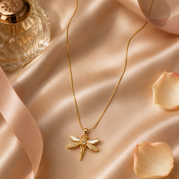 Vervit Gold-Tone Dragonfly Pendant Necklace for Women – Stone Detail Design