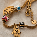 Vervit Gold Evil Eye & Hamsa Charm Bracelet for Women – 18K Gold-Plated PVD Finish, Anti-Tarnish 316L Stainless Steel