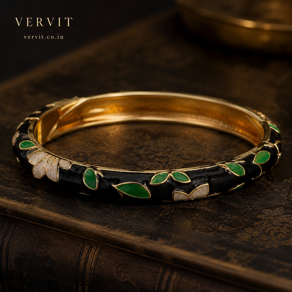 Vervit Black Enamel Floral Bangle for Women – 18K Gold-Plated Anti-Tarnish Stainless Steel