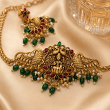 Antique Lakshmi Peacock Necklace Set with Matching Earrings