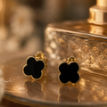 Vervit Gold-Tone Clover Stud Earrings for Women – Black Centre Detail, Pair of 2