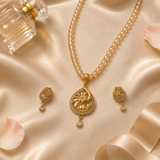 Golden Floral Teardrop Pendant Set with Matching Earrings