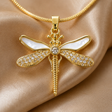Vervit Gold-Tone Dragonfly Pendant Necklace for Women – Stone Detail Design