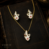 Vervit Mask Pendant Necklace Set for Festive Wear – Gold Finish, Necklace with Earrings