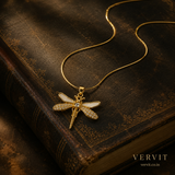 Vervit Gold-Tone Dragonfly Pendant Necklace for Women – Stone Detail Design