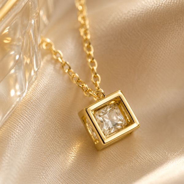 Vervit Square Crystal Pendant Necklace for Daily Wear – Gold Finish, Single Piece