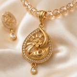 Golden Floral Teardrop Pendant Set with Matching Earrings