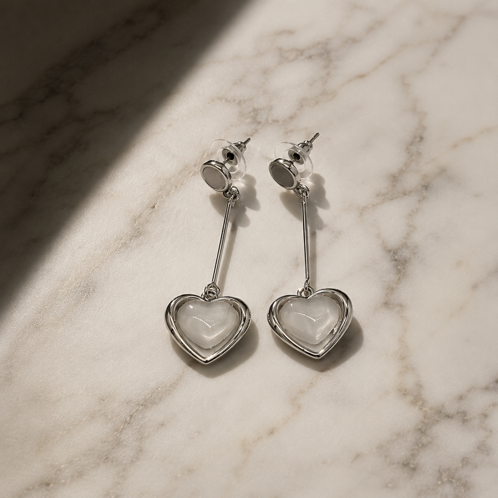 Silver Heart Drop Earrings