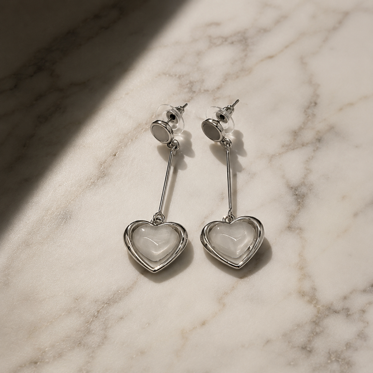 Silver Heart Drop Earrings