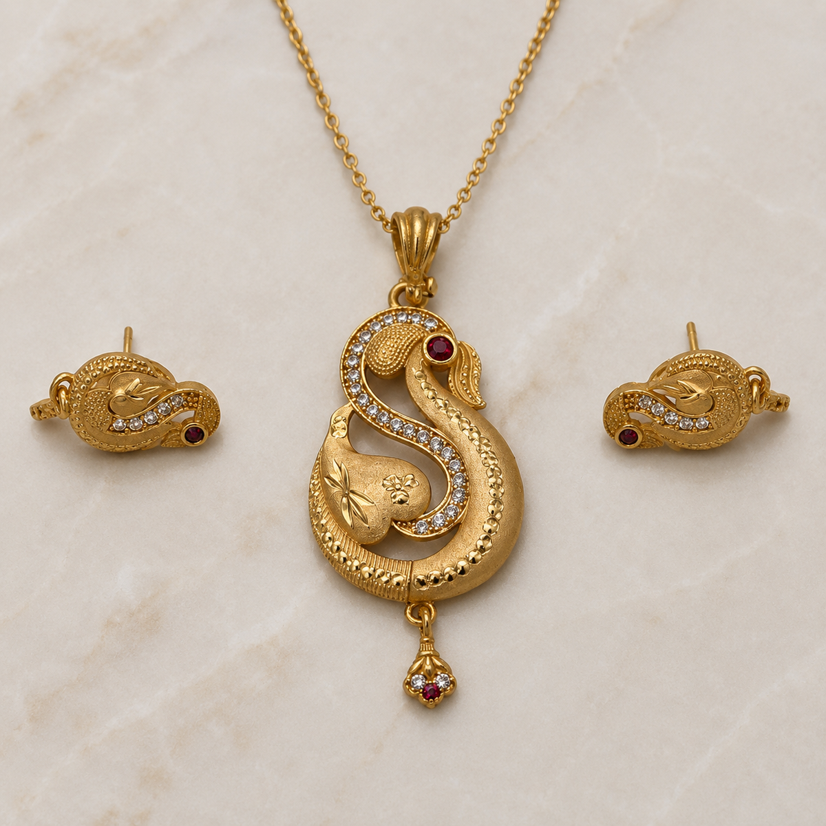 Golden Paisley Pendant Set with Matching Earrings