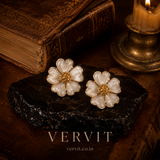 Vervit Floral Stud Earrings for Women – White & Gold Finish, Pair of 2