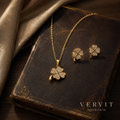 Vervit Four Leaf Clover Pendant Set for Women – Gold Finish, Necklace with Earrings