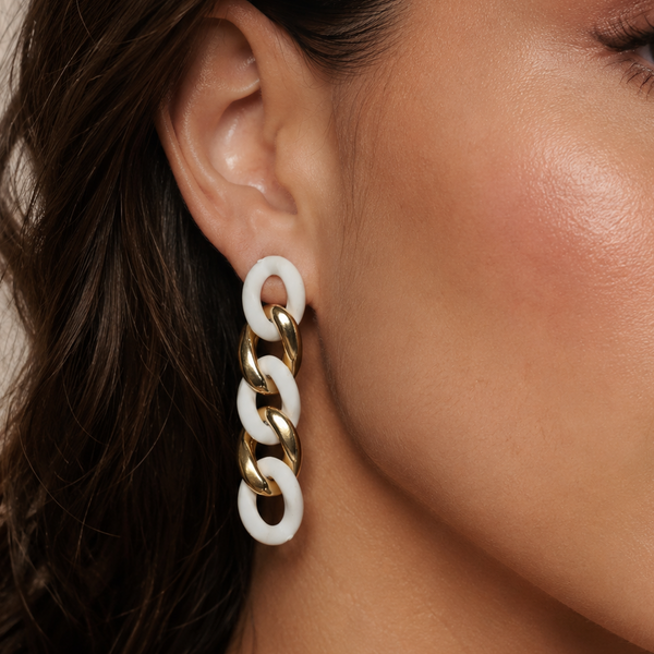 Gold White Link Dangler Earrings for Party & Festive Wear | VERVIT