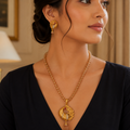 Golden Leaf Crescent Pendant Set with Matching Earrings